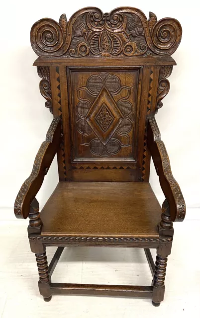 ANTIQUE Oak Carved & Inlaid WAINSCOT Chair Armchair Manner of  17th Century