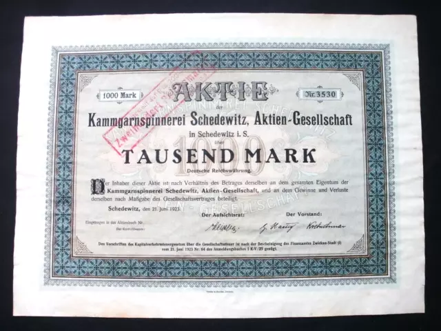 Kammgarnspinnerei Schedewitz AG, 1000 Mark, 1923