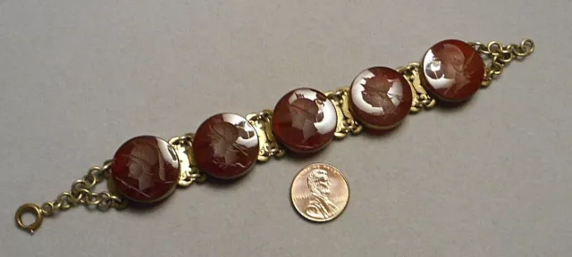 Old Victorian Fob Style Brass Carnelian Classical Warrior Intaglio Link Bracelet