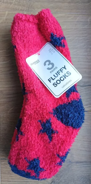 3 Pairs Fluffy Kids Socks, Red/Navy/Grey, Stars/Stripes, Size 9-13, Dunnes Store