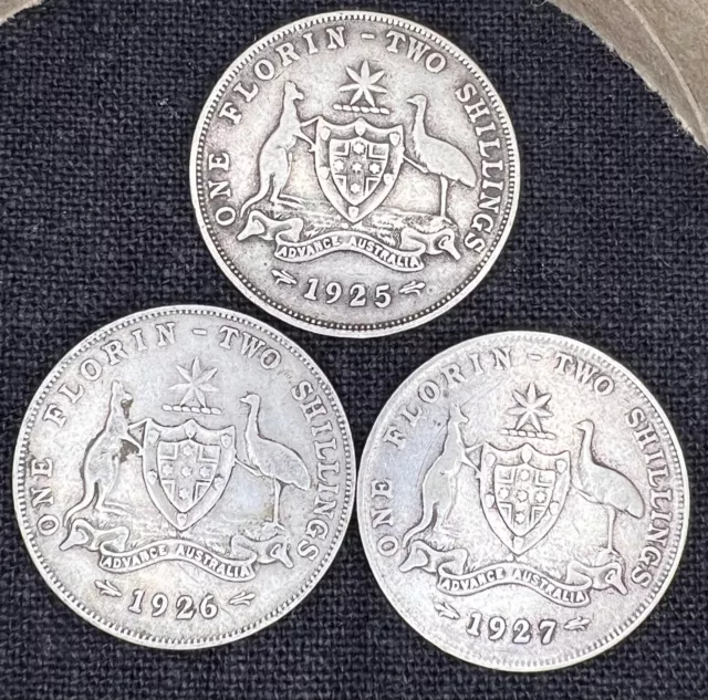 Australian 1925, 1926 , 1927 King George V Florins - Set of 3 coins
