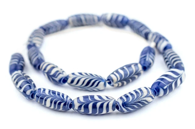 Blue Glass Feather Beads 10mm Indonesia Oval Large Hole 22 Inch Strand