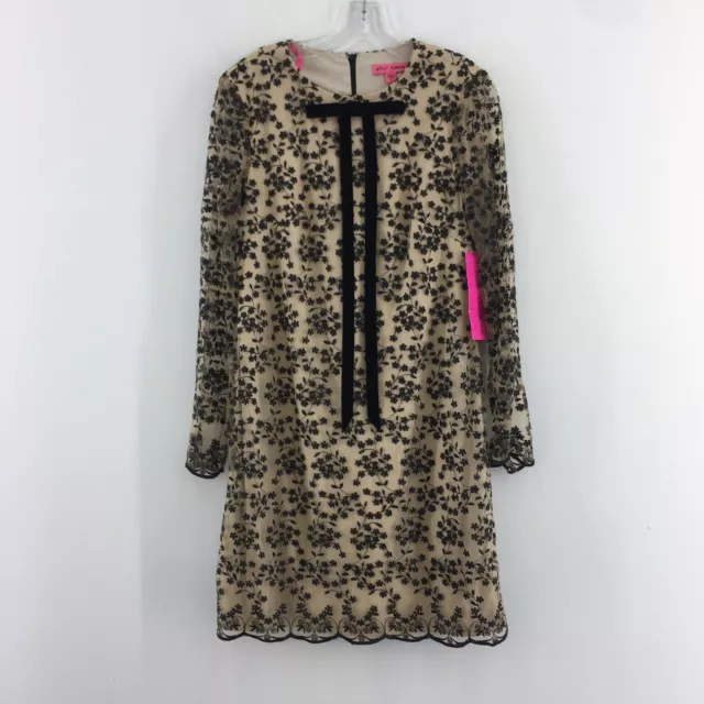 NWT Betsy Johnson Black Tan Floral LS Embroidered Overlay Mini Dress Womens 8