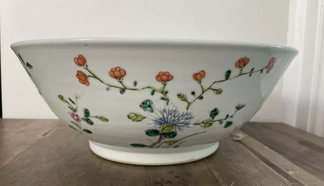 Large Antique Chinese Bowl Turquoise Glaze Hand Painted 19th Century