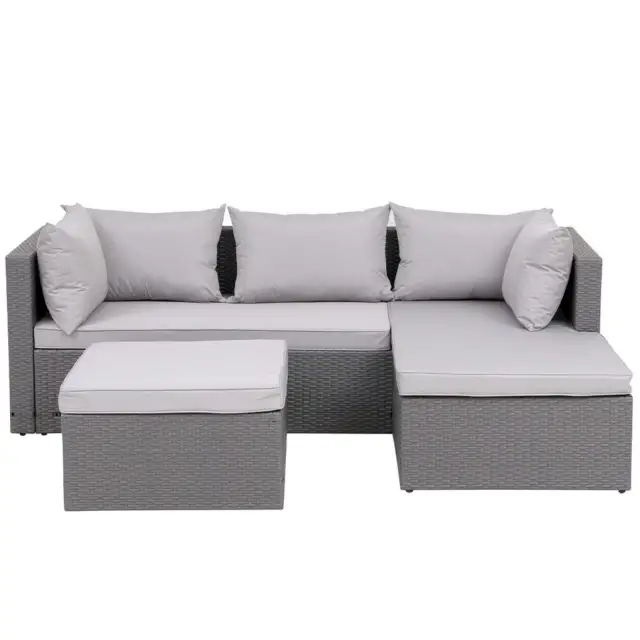 Set Salotto Divano da Giardino con Pouf Contenitore in Polyrattan Grigio Chiaro