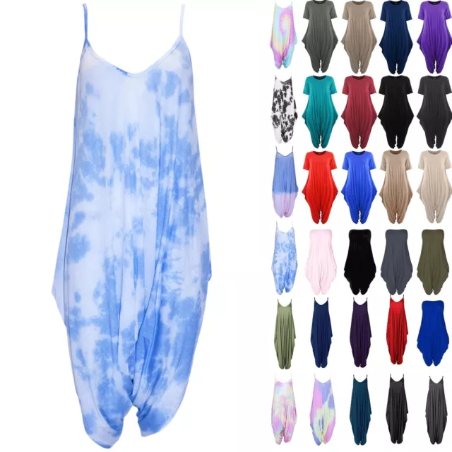 Women Ladies Cami Strappy Baggy Tie Dye Lagenlook Italian Drape Harem Jumpsuit