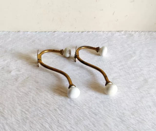 1920s Vintage Victorian Ceramic Knobs Ornate Brass Wall Hanger Hook 2 Pcs M322 7