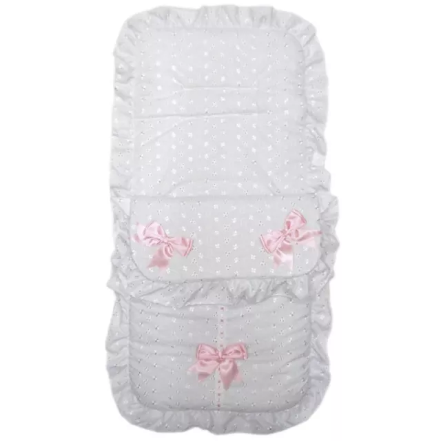 Baby Buggy Pushchair Footmuff Cosy Toes Broderie Anglaise White Pink Bows ~ abg