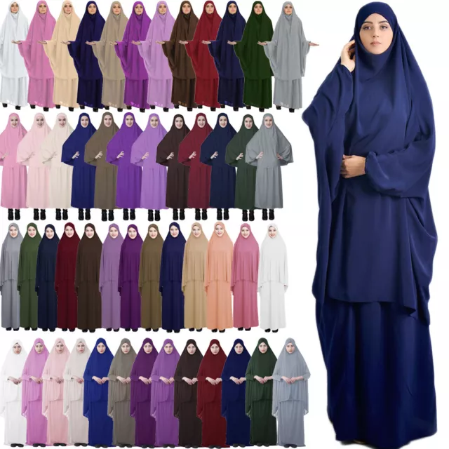 2pcs Islamic Khimar Caftan Set Muslim Women Hijab Abaya Prayer Dress Kaftan Gown