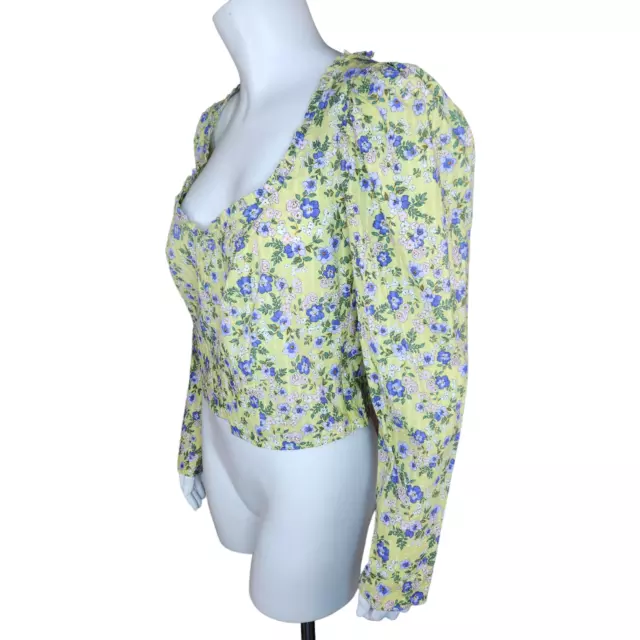 NWT Topshop Womens Size 8 Green Purple Floral Puff Sleeve Cropped Blouse Ruffle 3