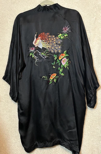 Vintage Hand Embroidered Black Kimono Pure 100% Silk Robe