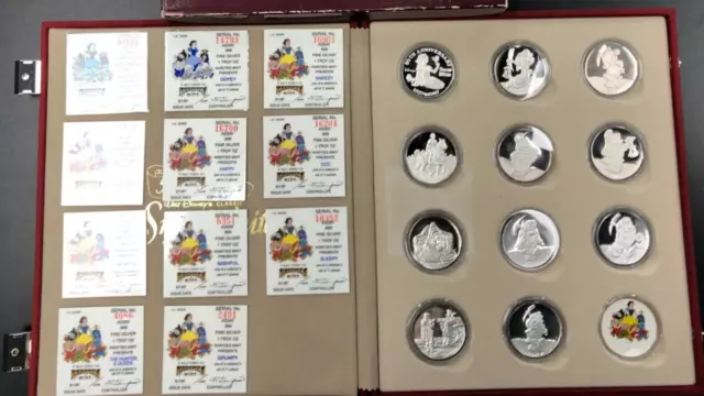 1987 Disney ~ Snow White 11 coin set~ 1oz 999 Silver Rarities Mint w/Box & COA