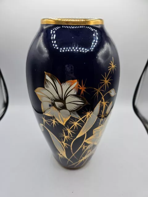 VTG. Chodziez Colbalt Blue Vase with Gold and White Accent Poland '70"