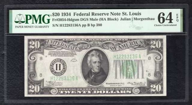 FR. 2054-Hdgsm 1934 $20 FRN FEDERAL RESERVE NOTE ST. LOUIS, MO PMG UNC-64EPQ