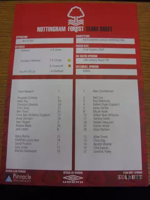 21/10/2000 Colour Teamsheet: Nottingham Forest v Watford (folded). If this item
