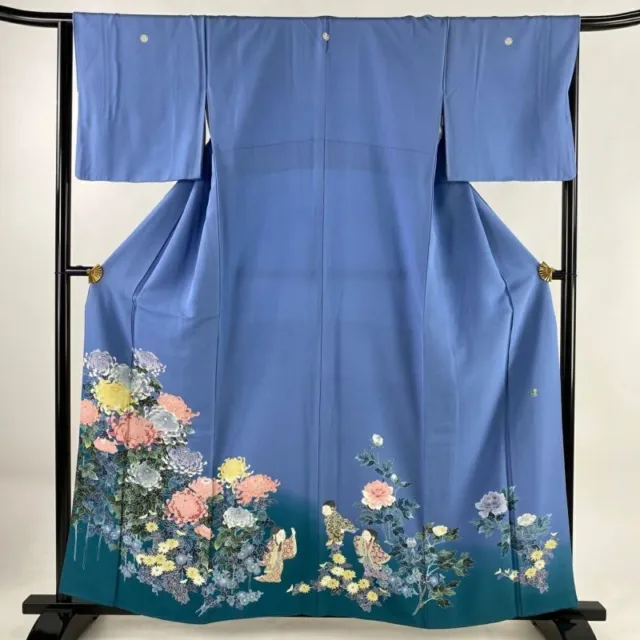 Woman Japanese Kimono Iro-Tomesode Silk Crest Chrysanthemum Flower Light Blue