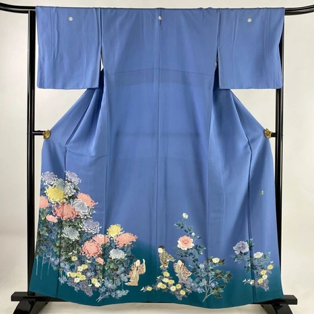 Woman Japanese Kimono Iro-Tomesode Silk Crest Chrysanthemum Flower Light Blue