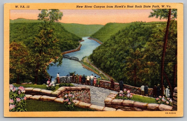 New River Canyon Hawks Nest Rock State Park WV West Virginia Linen Postcard UNP