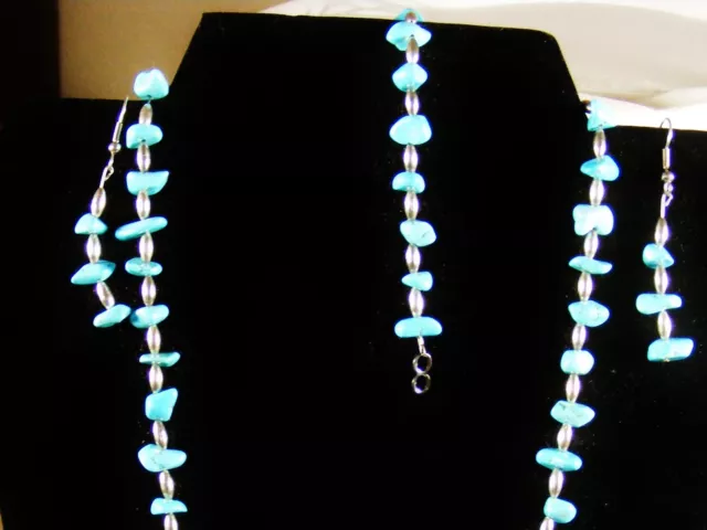 Turquoise And 925 Solid Ss Set Chain, Ear Rings, And Bracelet