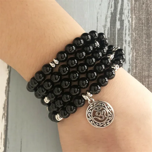 Pendentif 8 mm 108 perles de Bouddha onyx noir argent bracelet Reiki bénédiction prière yoga