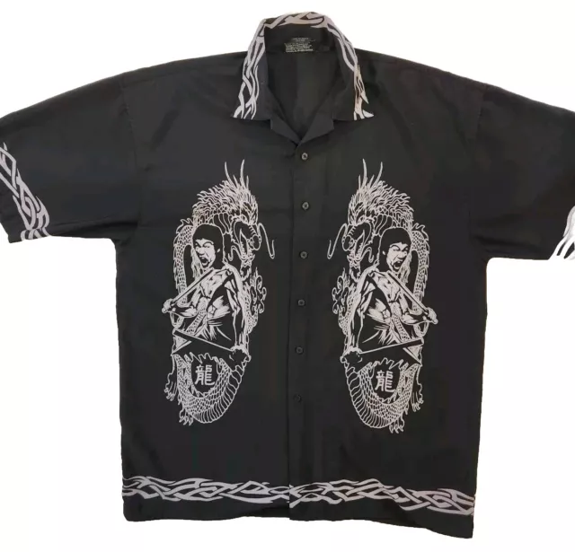 BRUCE LEE DRAGON BUTTON UP SHIRT  2XL BLACK KUNG FU MARTIAL ARTS Rare