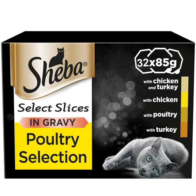 32 x 85g Sheba Select Slices Adult Wet Cat Food Tray Mixed Poultryin Gravy