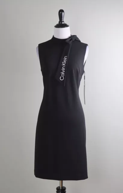 CALVIN KLEIN NWT $119 Black Crepe Stretch Bow Mock Neck Logo Dress Size 6