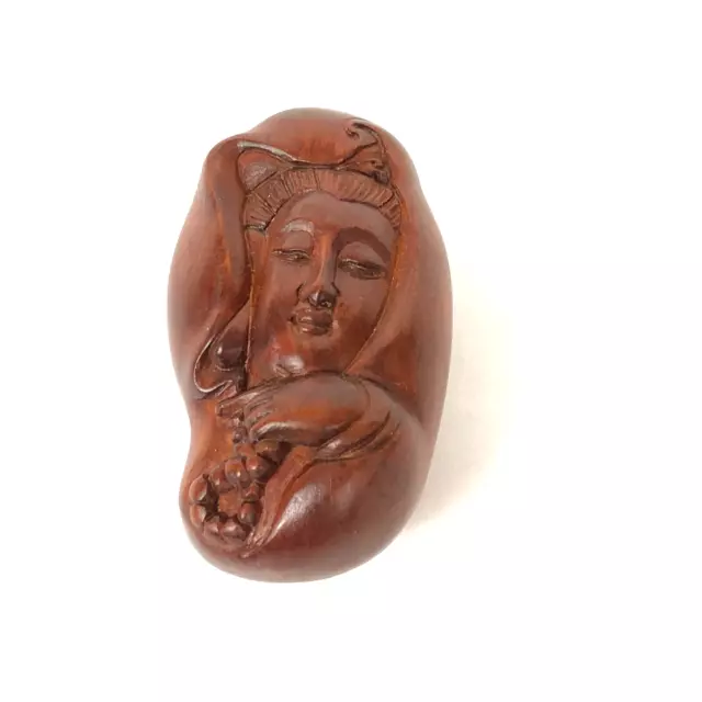 Japanese Wooden Boxwood Netsuke Hand Carved Kwan Quan Yin w Beads NOS 1 7/8"