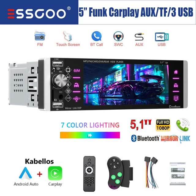 AUTORADIO 1DIN KABELLOS Carplay Android Auto Mit 5 Zoll Bildschirm USB