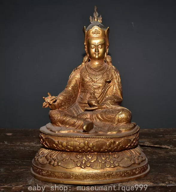 12.8'' Tibetan Buddhism Copper Gilt Sit Padmasambhava Buddha Statue