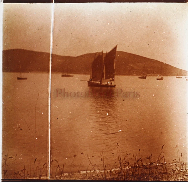 FRANCE Moulin Mer Voilier Bretagne 1928 Photo Stereo Plaque de verre 