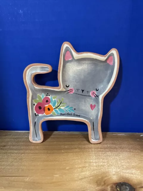 Cat / Kitten With Flowers Trinket Dish  Pottery "Purr-fect friend"