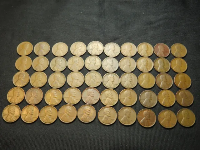 1909-1938  Lincoln Wheat Cent Penny roll lot 50 different coins old US Copper