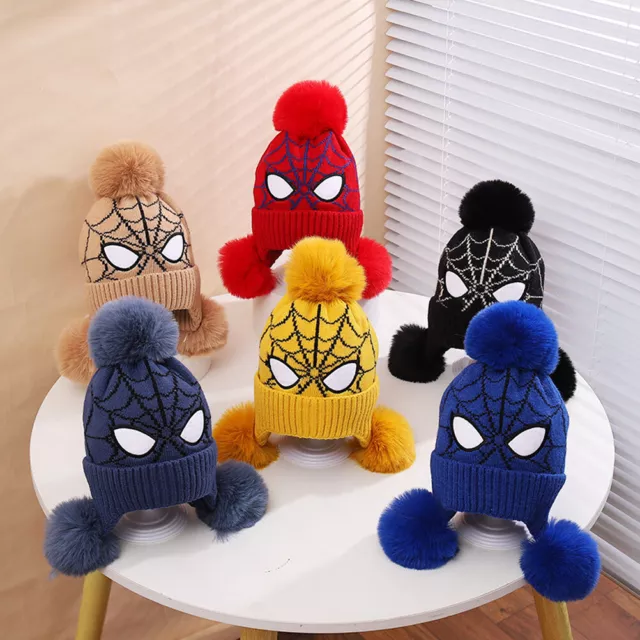 Kids Baby Boys Spider Winter Hat Ear Flap Warm Knit Beanie Cap with Pom Pom