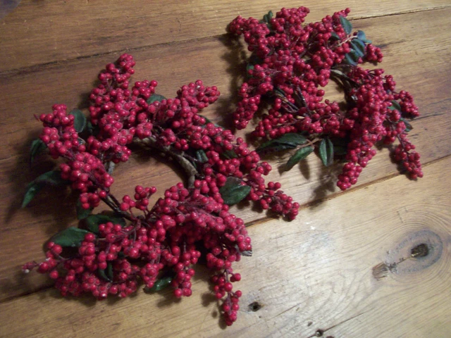 Set of 2 Red Berry and green leaf  Candle Rings  - 11" spread for 3.5" candle