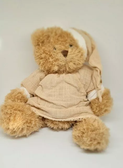 01- Doudou Peluche Ours Marron Beige Bonnet Robe Lin Blanc Teddy Bear Comme Neuf