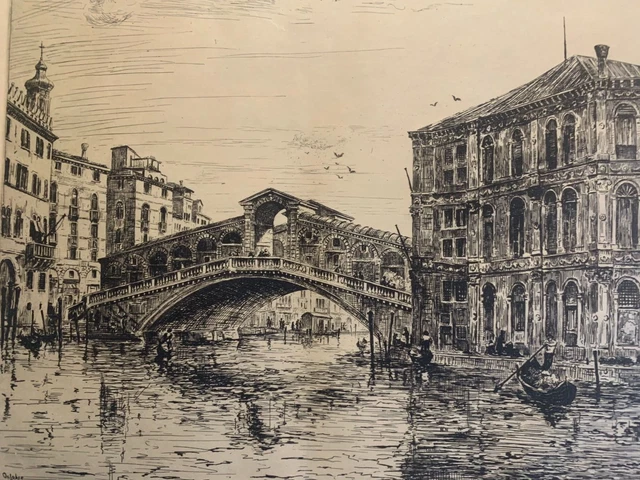 Gravure Ancienne Encadrée - Scène De Gondoles à Venise, Italie - Litho Vintage 13x15 Pouces