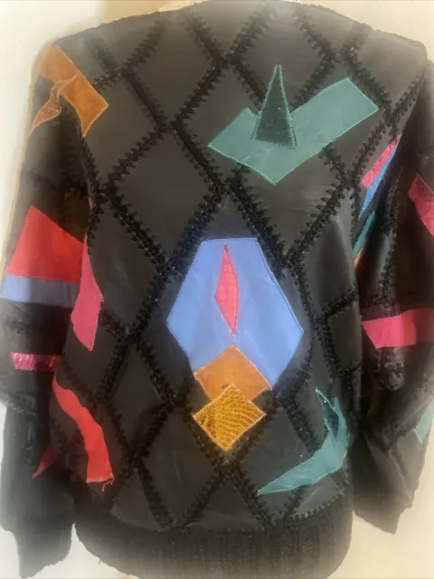 Vintage 80's Leather Patchwork Women's Pullover Knit Top Angel Supersonic Medium