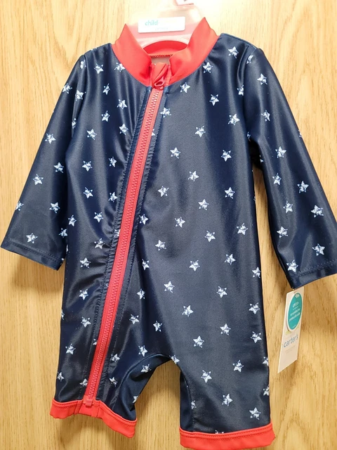 Carters Infant Navy & Red Star One Piece Zip Up Rash Guard Swimsuit~Size 3-6M