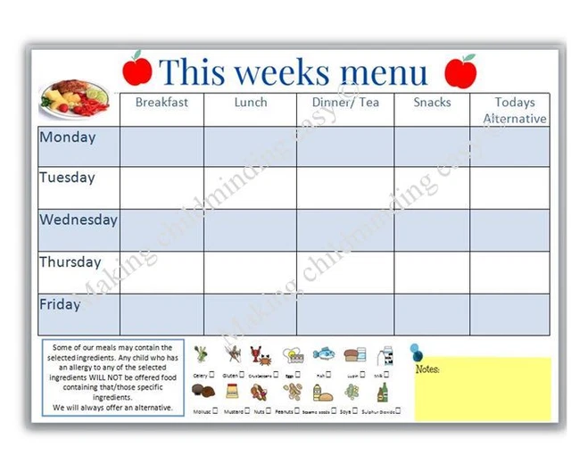 EYFS WEEKLY MENU PLANNER with allergy information childminder teacher ...