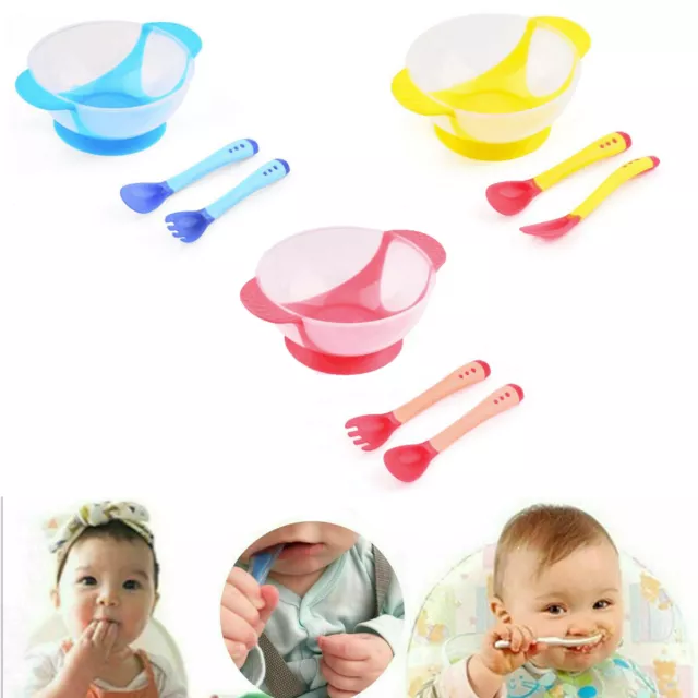 3X/Set Kid Baby Feeding Tableware Anti Slip Suction Food Bowl Sensing Spoon Fork