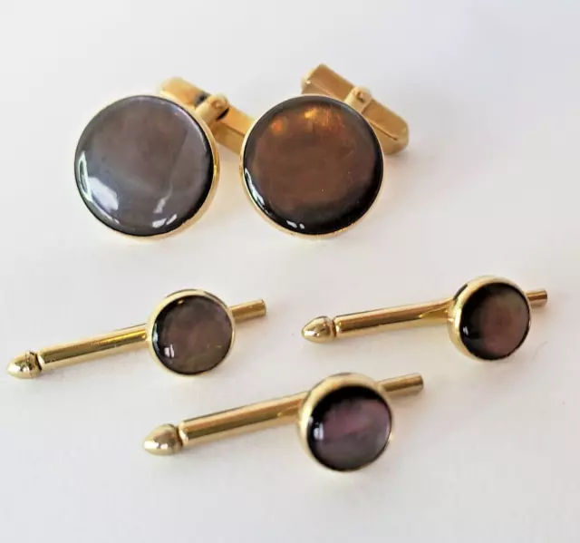 Vtg Mother of Pearl Cufflinks and 3 Tuxedo Shirt Studs Set Gold Tone SWANK