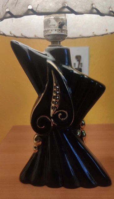 Abstract Ceramic Petite Black N Gold 1950s Table Lamp W Laced Fiberglass Lamp...