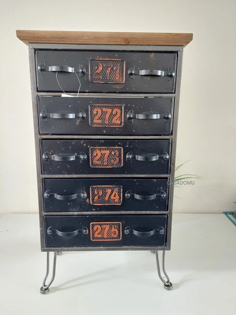 Industrial Metal Cabinet Bedside 5 Drawer Unit Black Distressed H58cm Furniture