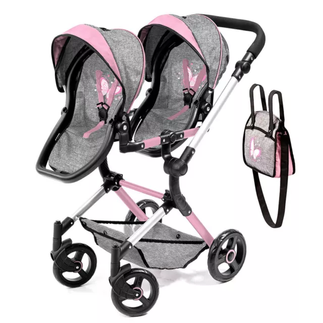 Bayer Twin Neo 81.5cm Pram/Stroller for 46cm Dolls Grey/Pink Butterfly Kids Toy