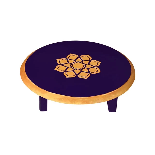 Indian Traditional Wooden Round Mini Pooja Chowki Color Blue