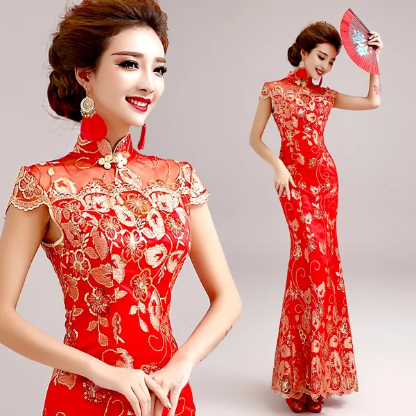 Chinese Red Lace Embroidery Mermaid Cheongsam Prom Party Wedding Ball Gown Dress