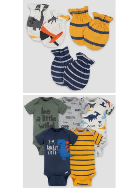 (8 Pc Lot) Baby Boys Short Sleeve Onesies & Mittens Set 0-3 Months 5 Pack 3 Pack