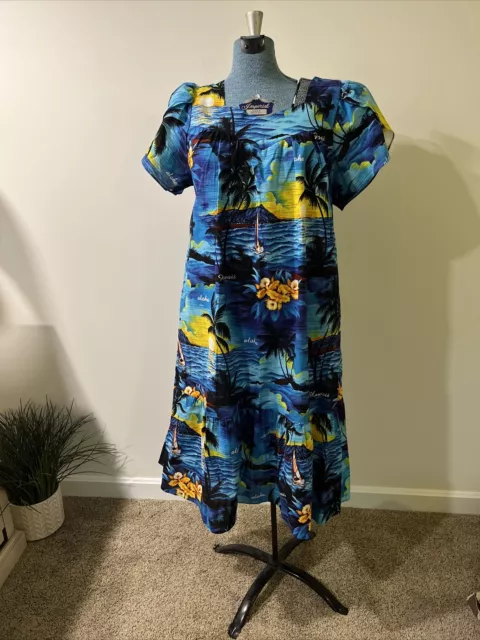 VINTAGE Royal Creations Women Dress Large Blue Maxi Hawaiian Aloha Vibrant Color