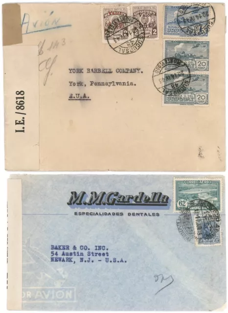 Uruguay, WWII Airmail, Two 1943 Covers to USA w/Trinidad or US Censor Label